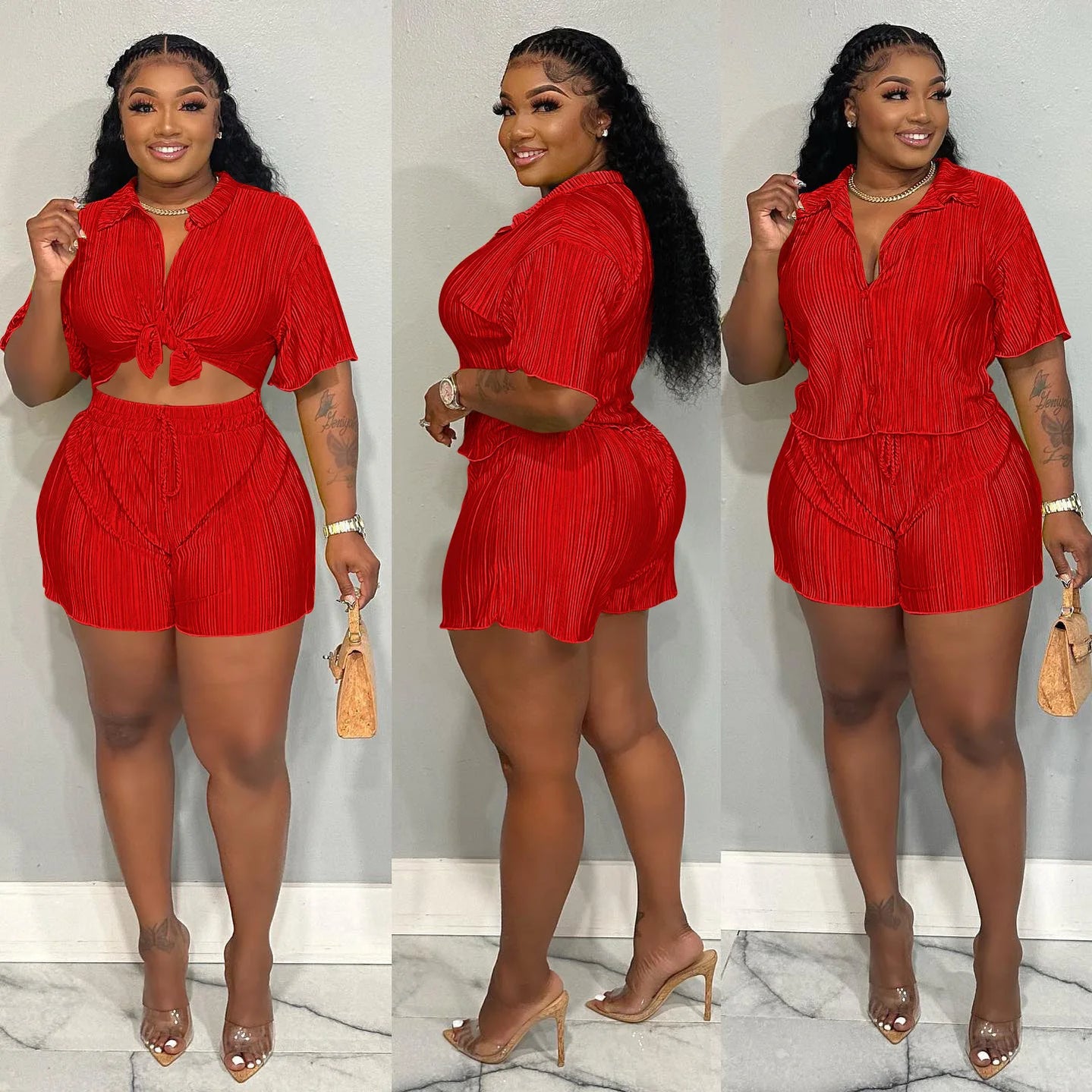 CM.YAYA Street Vintage Pleated Women's Set Short Sleeve Shirt Blouse and Shorts Suit 2023 INS Two 2 Piece Set Outfit Tracksuit Red