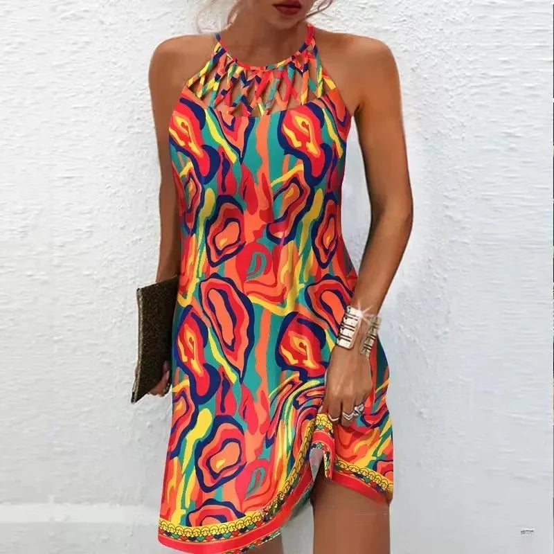 Y2k Women's Straight Dress Korean Summer Bohemian Vestidos Multicolor Abstract Print Hollow Mini Sleeveless Dress Female Платье Red