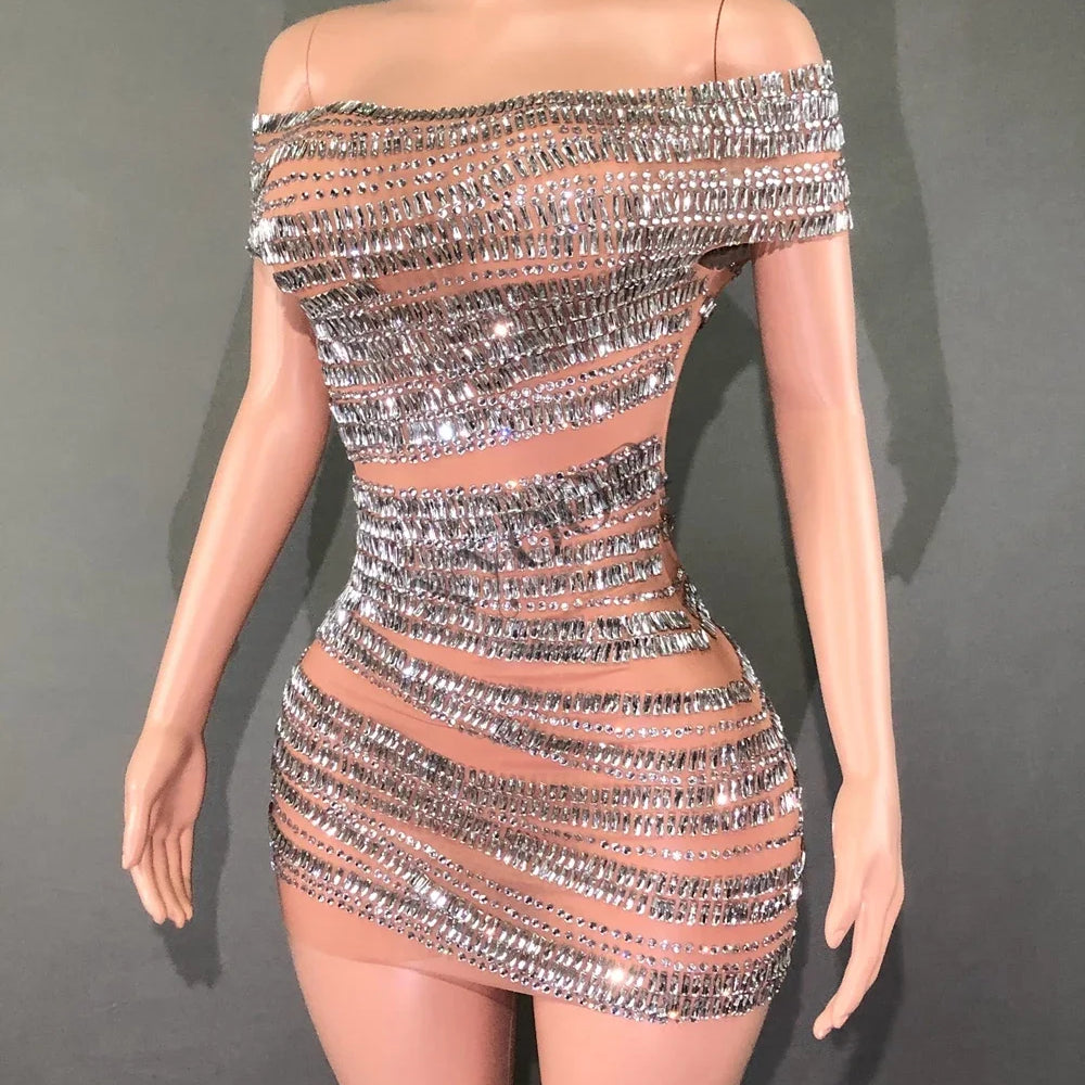 STOCKSparkly Rhinestones Short Dress for Women Sexy Off-shoulder See Through Evening Celebrate Birthday Dress Photo Shoot Stage