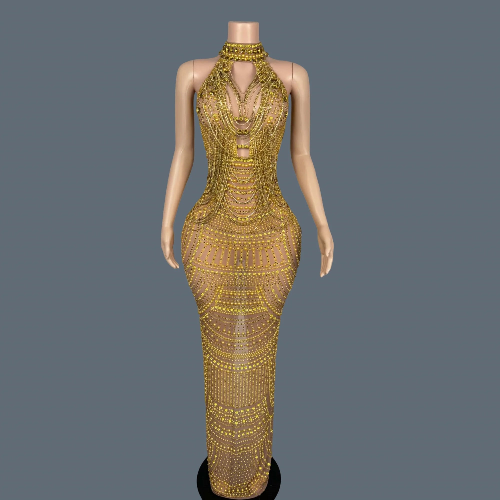 Luxury Couture Rhinestone Elegant Evening Dress Women Birthday Celebrate Party Gown Sexy Mesh See Through Photo Shoot Dress Miwu Gold