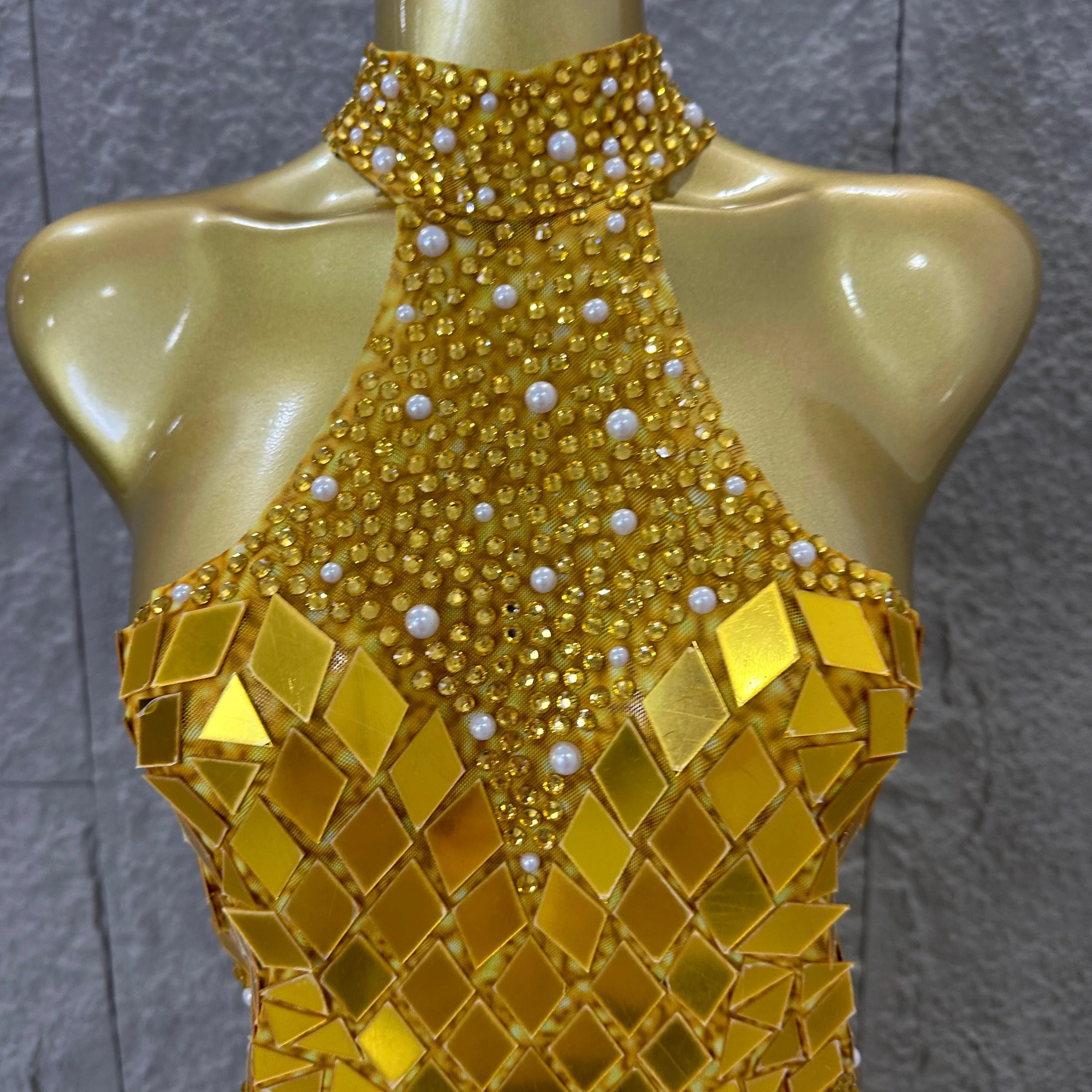 Luxury Gold Halter Neck Mini Dress Diamond Mirror Pearl Beaded Bodycon Nightclub Party Clubwear Outfit