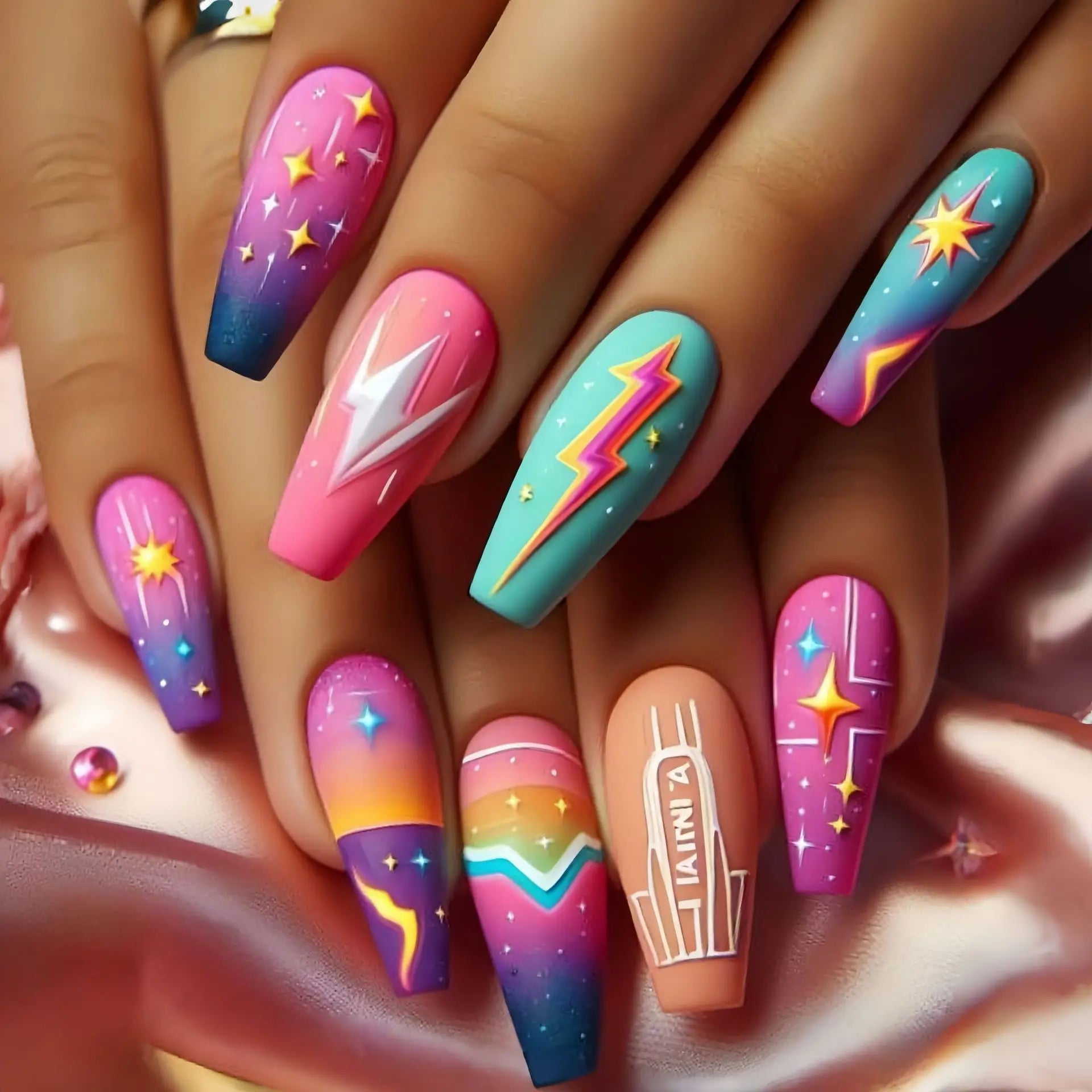 Medium fake nails for women gilrs gradient blue pink starry sky star moon Y2K design Almond nail tips press on false nail set 2261