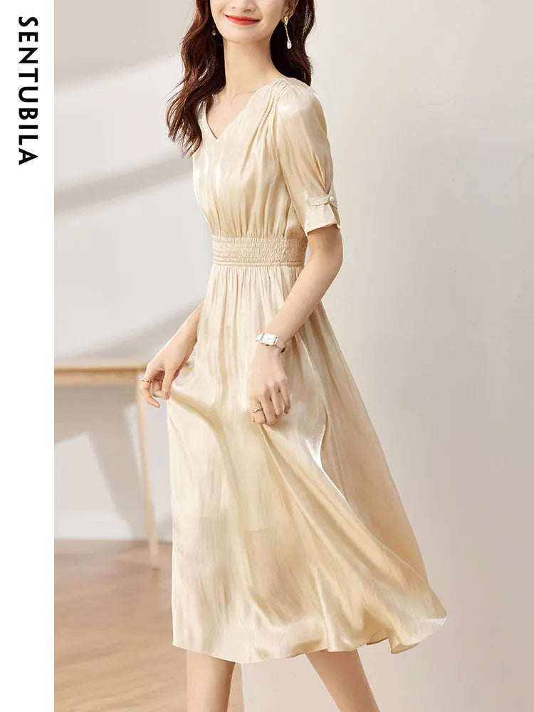 Sentubila Vintage Elegant Dresses for Women 2024 Summer Fashion V-Neck Empire Puff Sleeves A-Line Long Dresses Women Clothing