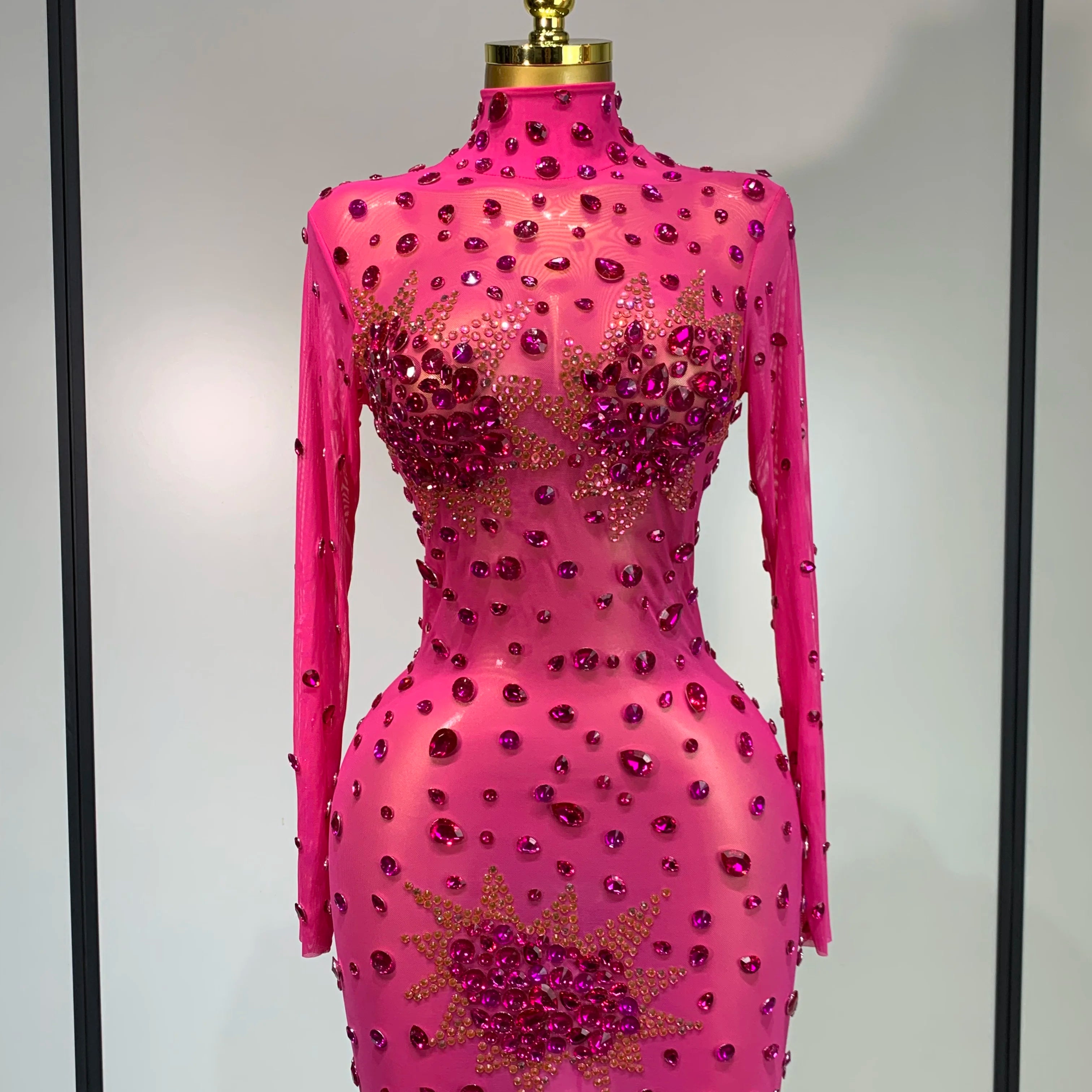 Women Sexy Gold Rhinestones Sparkly See Through Mini Dress Evening Party Fashion Performance Stage Outfit Luxury Birthday Dress Rose Red