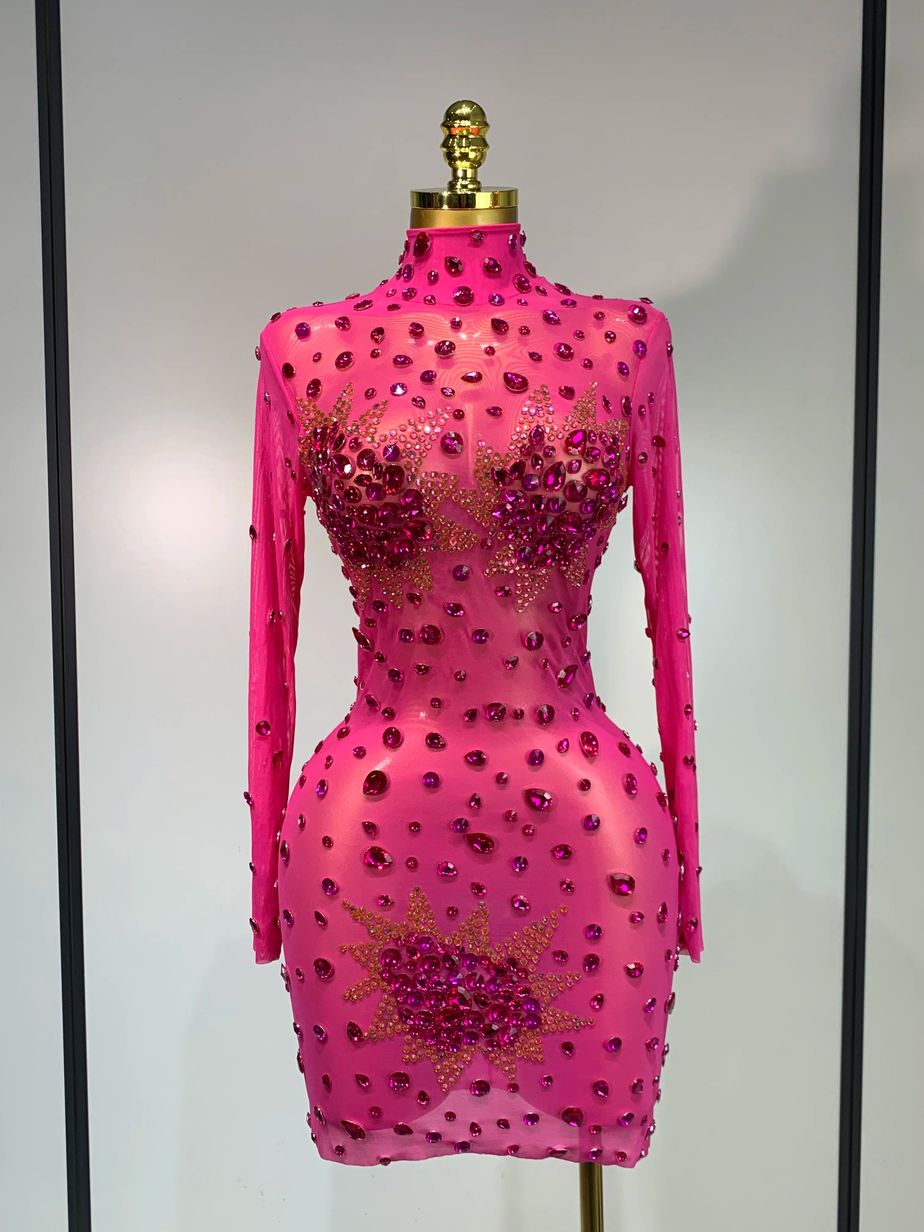 Sparkly Rhinestone Sexy Bodycon Dress 2025 New Fashion Nightclub Stage Outfit Luxury Birthday Party Dresses Rose Red