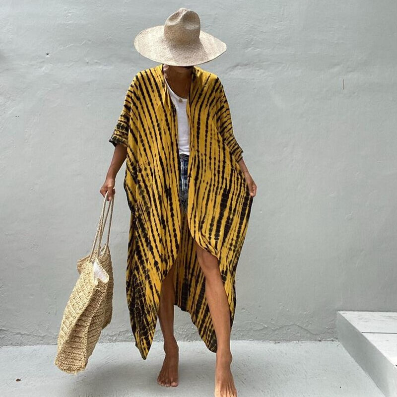 Sexy Bikini Cover-ups Summer Beach Pareo Stripes Loose Kimono Swimsuit Dress Beachwear Boho Bathing Suit Cover Up C One Size
