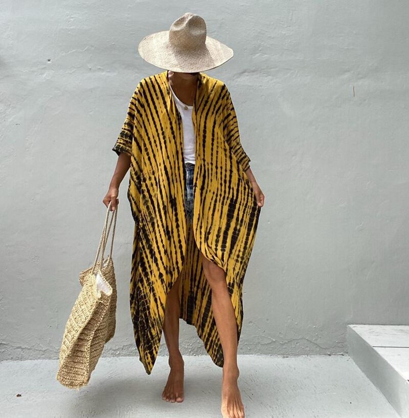 Sexy Bikini Cover-ups Summer Beach Pareo Stripes Loose Kimono Swimsuit Dress Beachwear Boho Bathing Suit Cover Up C One Size