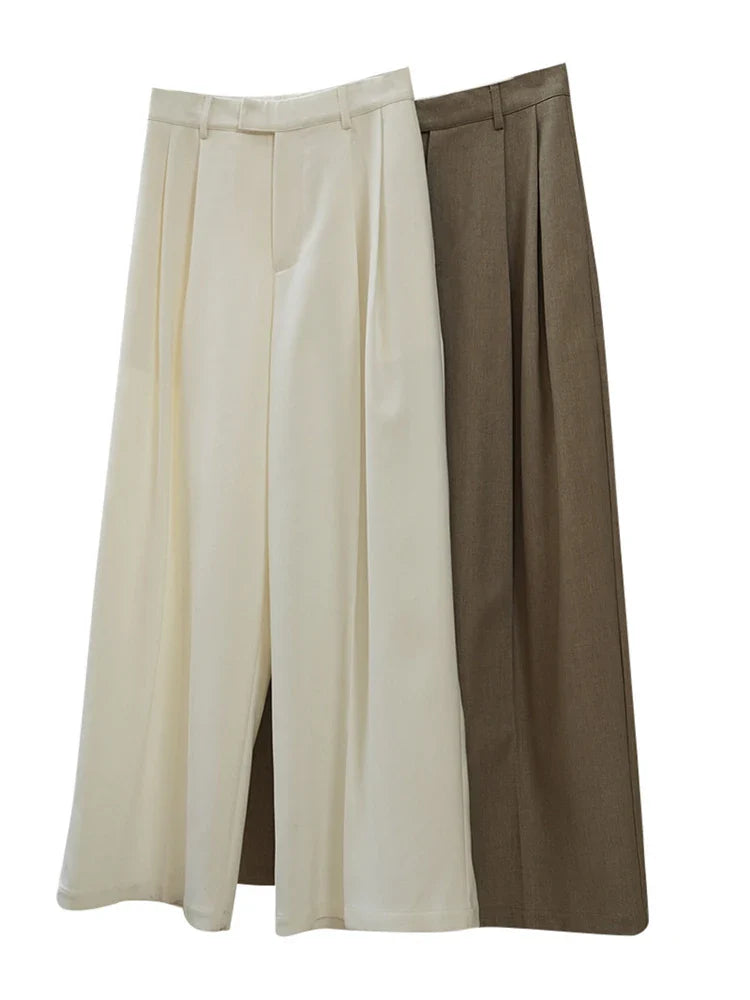 [LANMREM] Korean Style Pleated White Pants For Women High Waist Wide Leg Trousers Casual Loose Clothing Spring New 26D8719