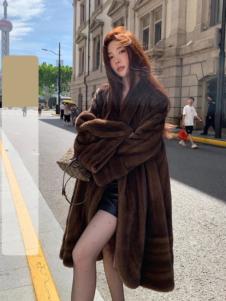 Lautaro Winter Long Luxury Elegant Stylish Thick Warm Fluffy Soft Brown Faux Mink Fur Coat Women Shawl Collar Furry Overcoat Brown One Size