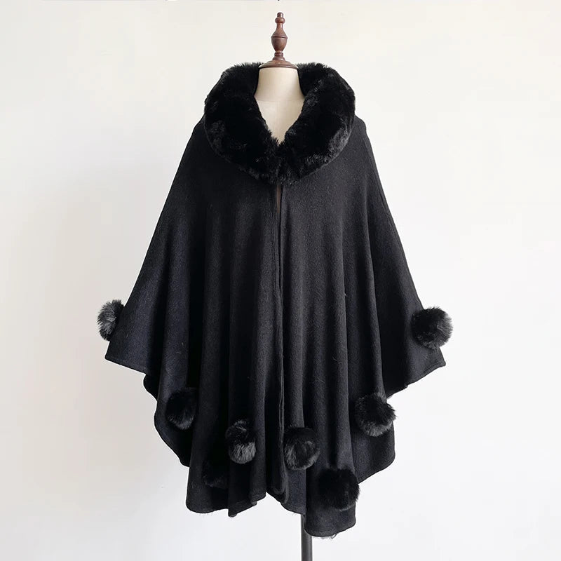 Winter New Thicken Mink Wool Full Trims Faux Fur Cape - Women's Hooded Loose Fleece Cloak Coat for Party Dress Wraps Warm black
