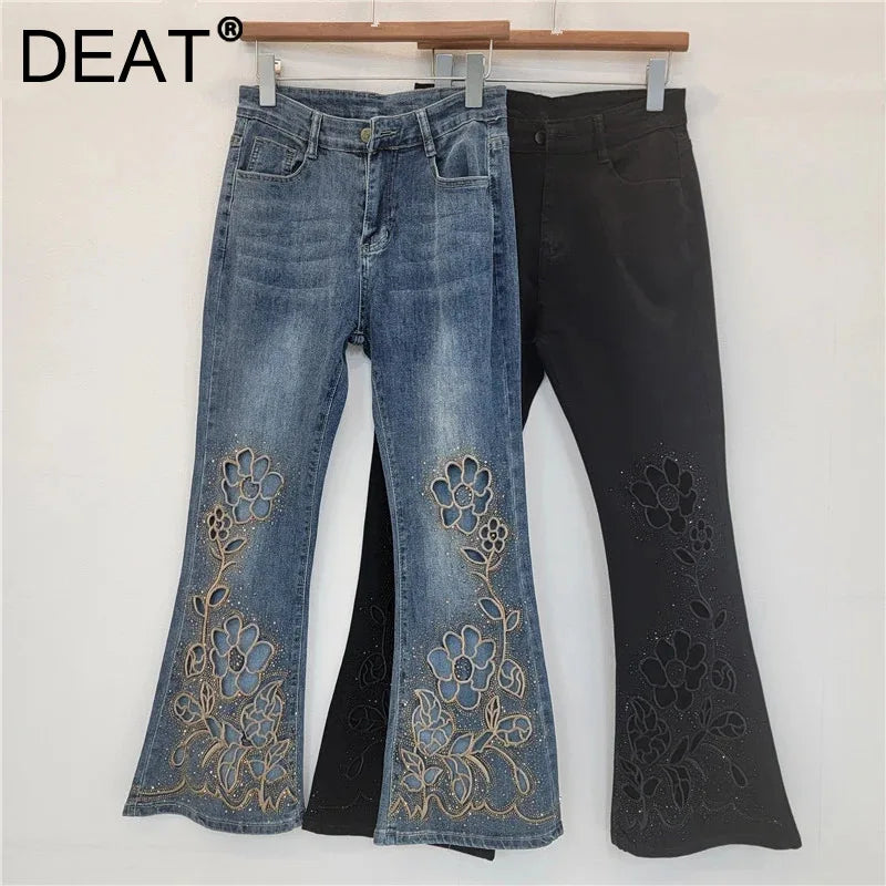 New Fashion Heavy Industry Rhinestone Versatile Jean For Women High Waist Floral Hollow-out Flared Denim Pant 11A07875