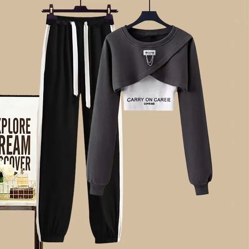 Women's Tracksuit Suit 2024 Spring Autumn New in Matching Sets Korean Fashion Short Sweater+Sport Sling+Trousers Three Piece Set