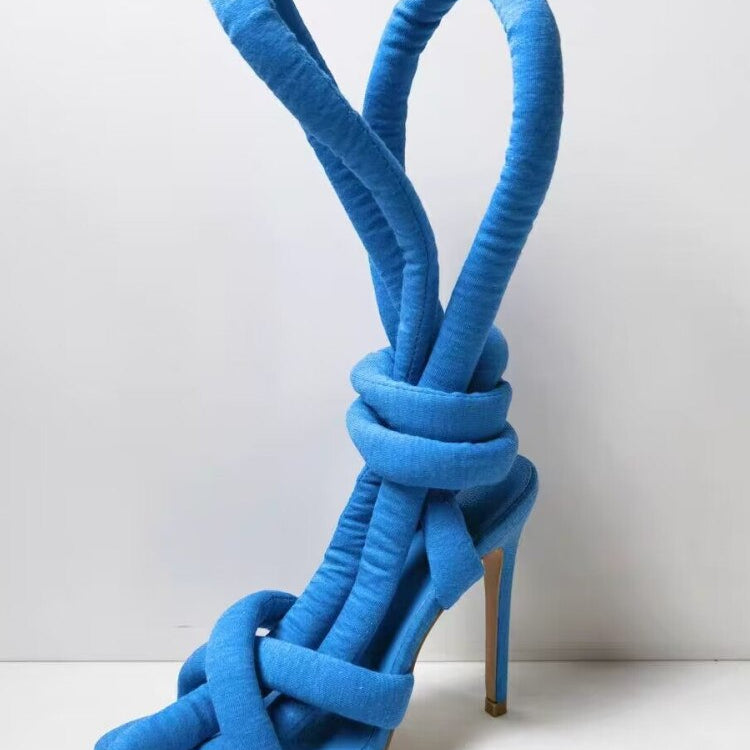 Summer New Square Head Slim High Heel Sandals Wrapped Around The Feet Fashion Show Dress 43 Large Women's Sandals blue