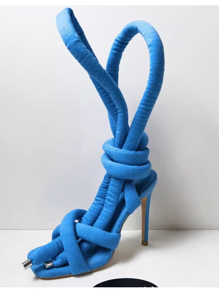Summer New Square Head Slim High Heel Sandals Wrapped Around The Feet Fashion Show Dress 43 Large Women's Sandals blue