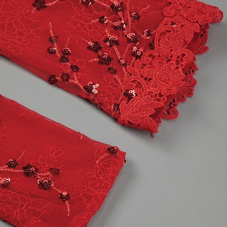 Luxury Women'S Dress Sparkly Red Sequins Patchwork Lace High Split Maxi Long Gowns With Gloves 2024 Summer New