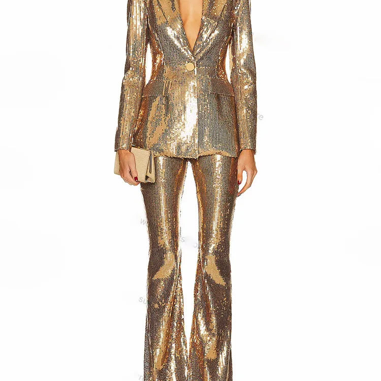 2025 New Autumn Golden Sequins Women Long Sleeve Deep V-Neck Slim 2 Pieces Women's Set Elegant Evening Party Cocktail Wear