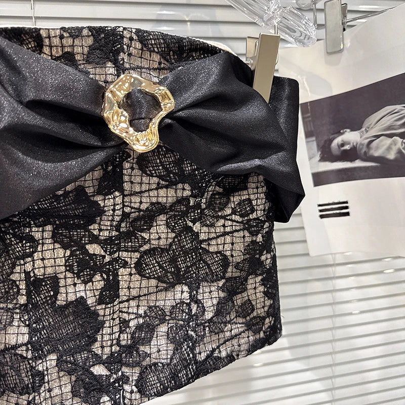 Winter New Fashion Bow Lace Patchwork Strapless Top For Women Ribbon Wrapped Hip Short Skirt Female Trend 11A07752