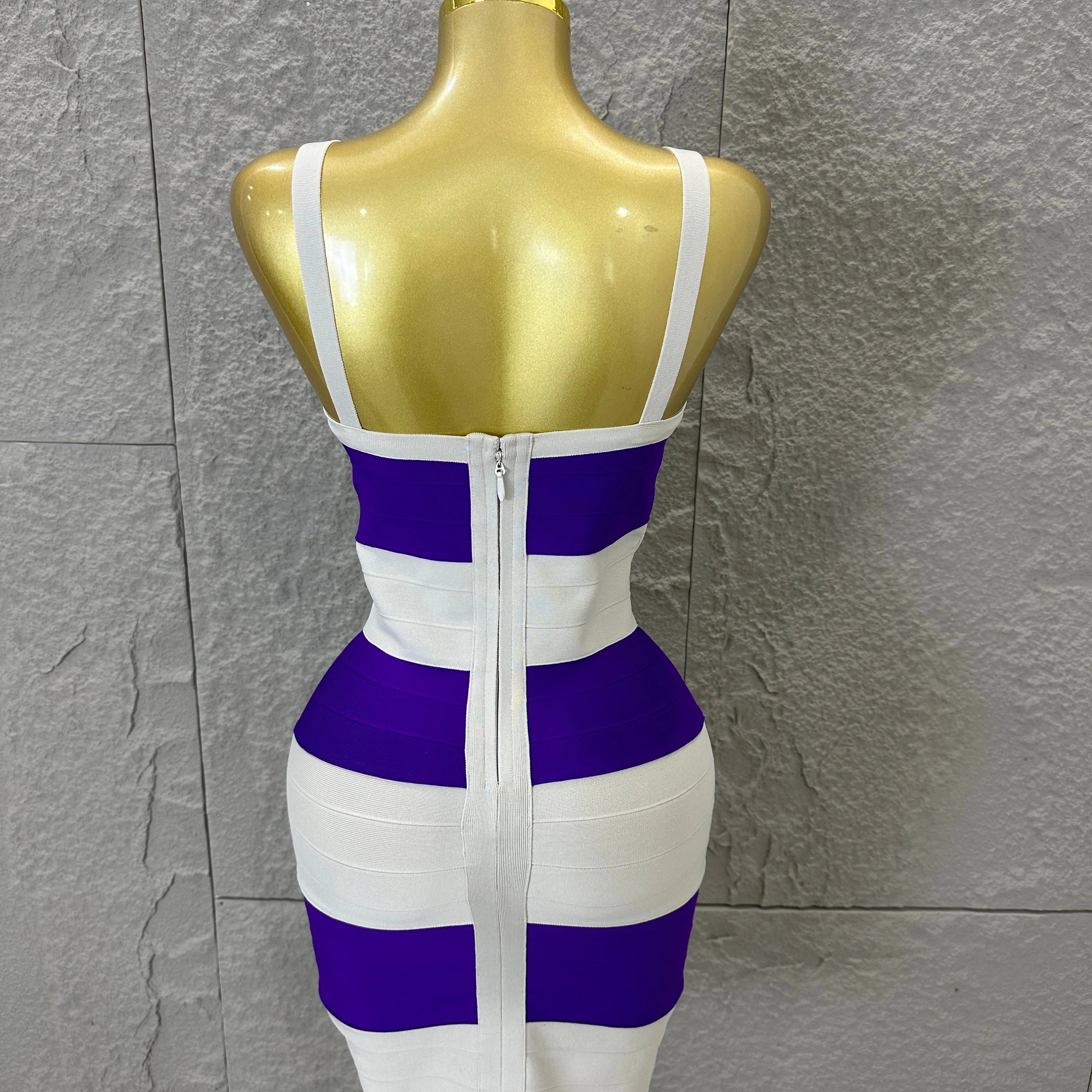 Chic Purple White Striped Bandage Dress Women Sleeveless Sweetheart Neck Bodycon Formal Office Casual Event Wear