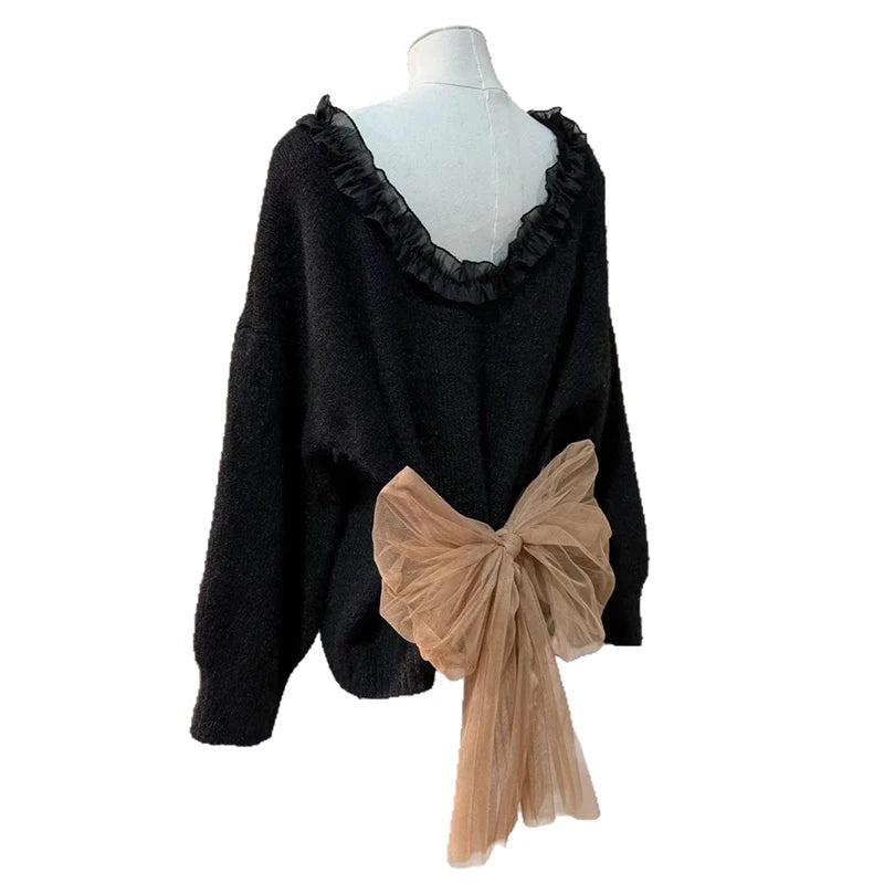 Autumn Winter New Design Backless Bow Knitted Sweater Top For Women Loose Soft Niche Pullover Female Trendy 11A07622