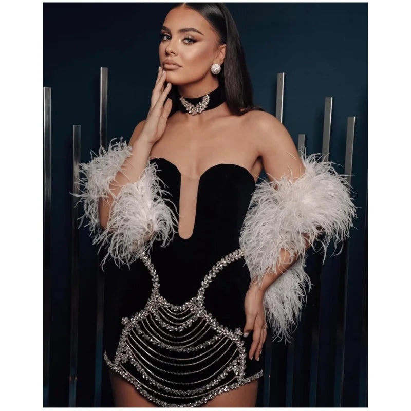 New Stylish Necklace Shining Diamonds Strapless Black Bandage Mini Dress Fashion Woman Party Vestido Celebrity Birthday Outfit