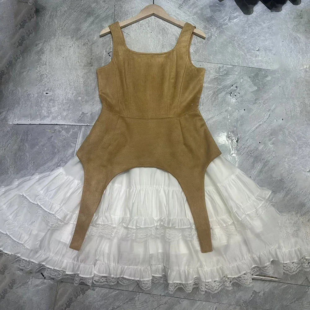 Colorblock Slimming Temperament Dresses for Women Square Neck Sleeveless Patchwork Ruffles Fold Dress Female New KHAKI