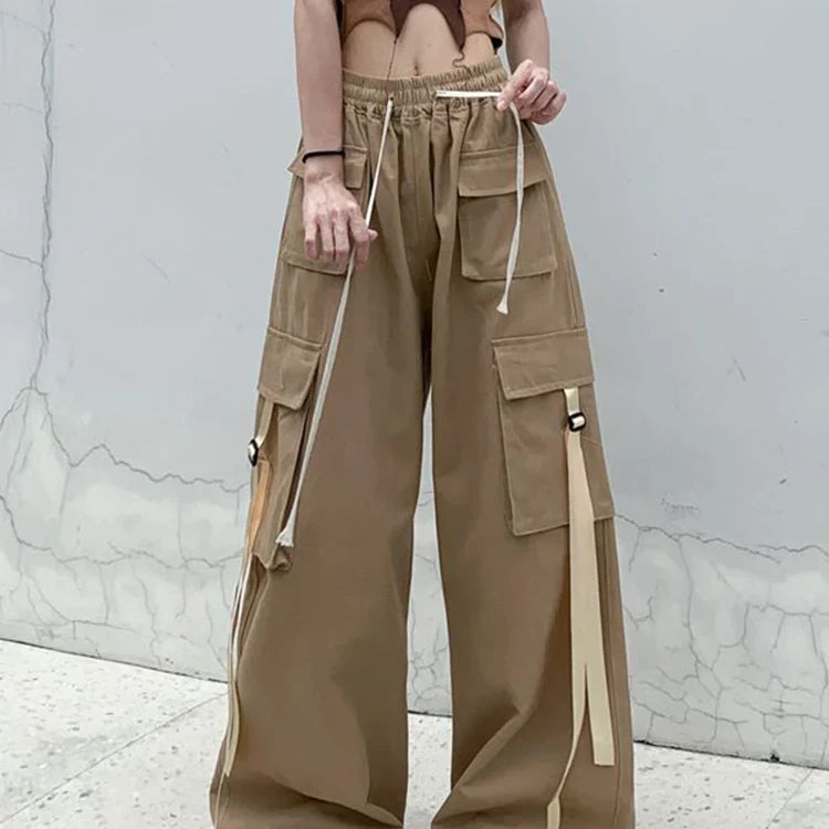 Zoki Pure Cotton Harajuku Cargo Pants Women Vintage Streetwear Oversize Bf Trousers Retro Pockets Casual Hip Hop Straight Pants