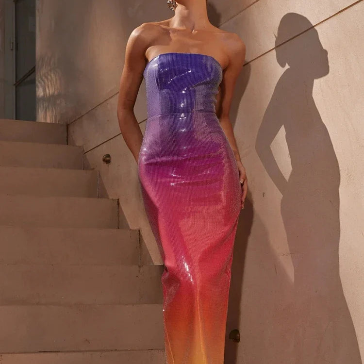 Summer Sexy Strapless Rainbow Sequins Long Dress Women Colorful Sequins Backless Bodycon Dress Cocktail Party Club Dresses Colorful 2