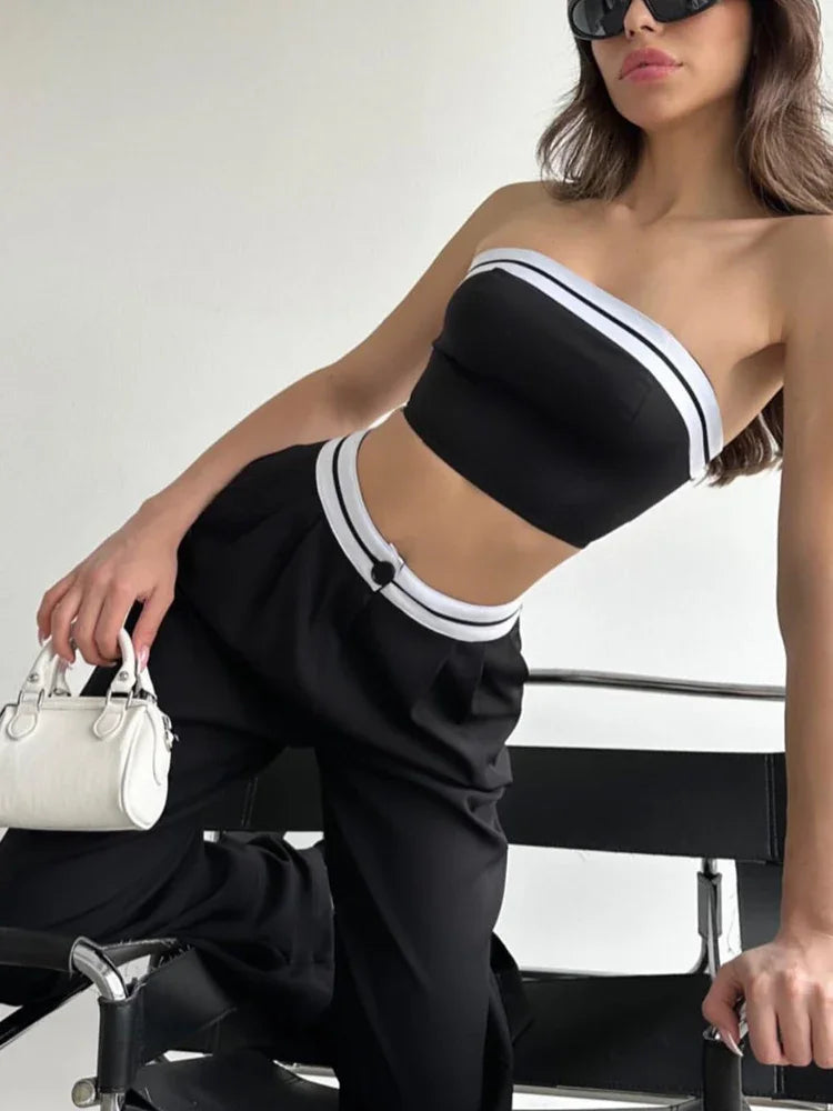 Black Women's Tracksuit with Boob Tube Top Slash Neck Contrast Color Wide Leg Trousers Suit for Women Sexy Two Piece Set Outfit Black