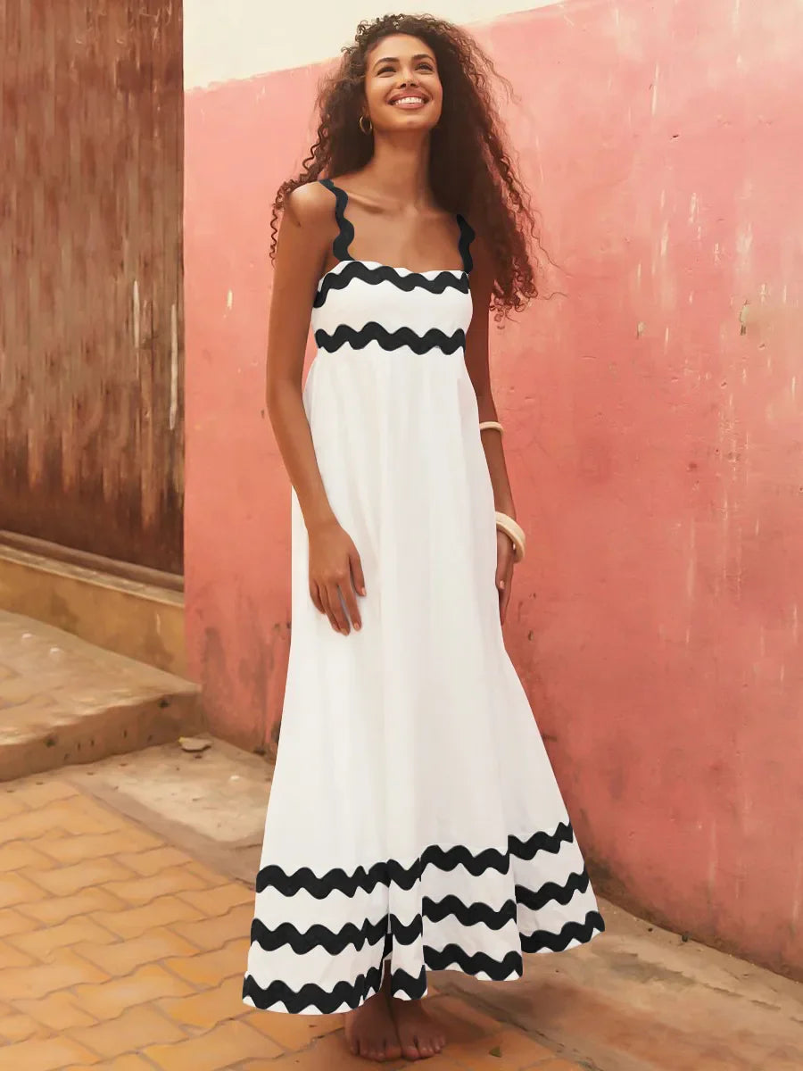 Striped O Neck Printed Long Maxi Dress Women Fashion Sleeveless Streetwear Female Loose Beach Holiday Vestidos Robes