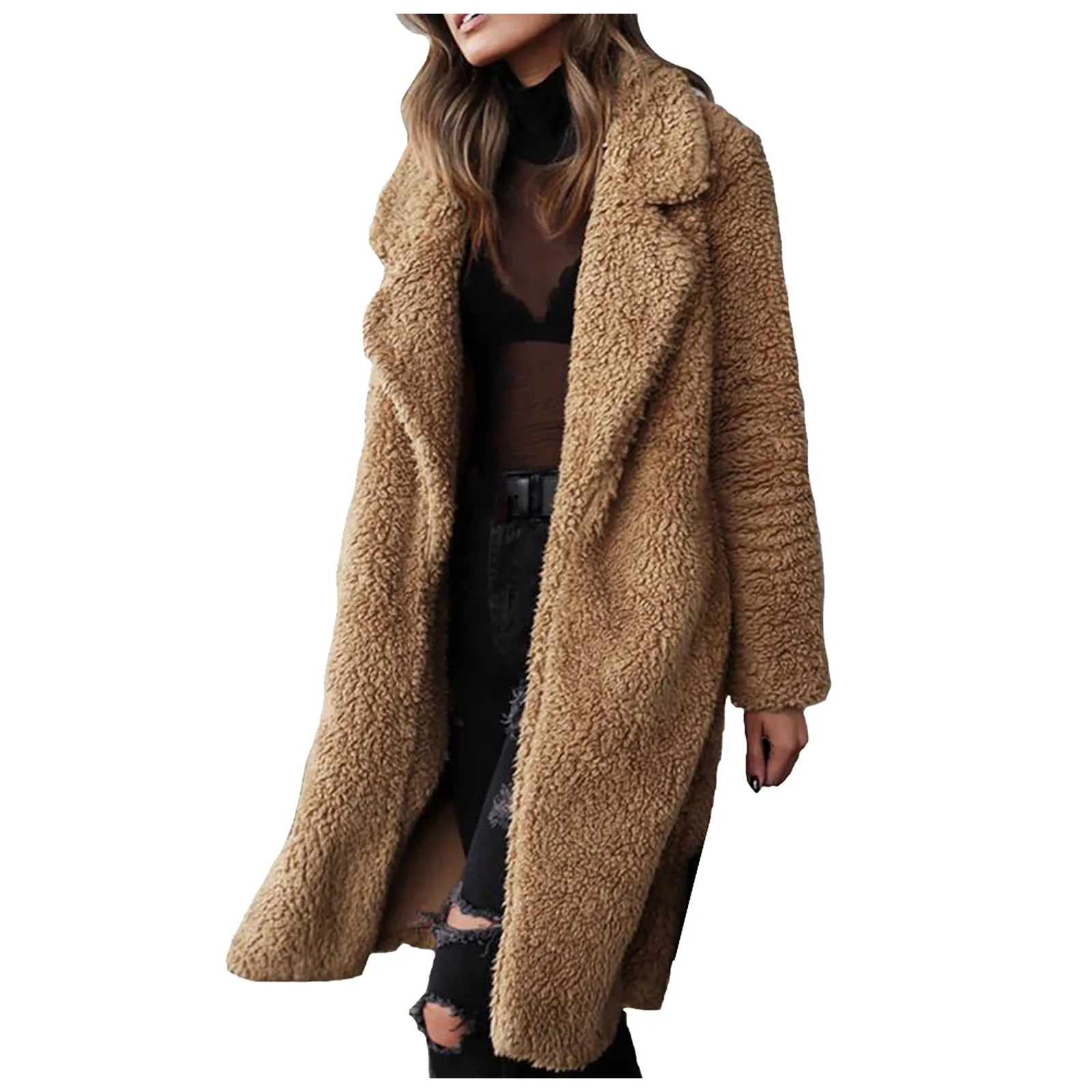 Womens Warm Plush Artificial Wool Coat Jacket Lapel Winter Outerwear Cardigan Sweatshirt Open Lapel Winter Coats Brown