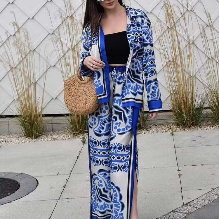 Woman Shirts Pants Sets 2024 New Summer Geometric Print Loose Long sleeved Shirts Fashion Elastic Waist Wide Leg Pants Outfits