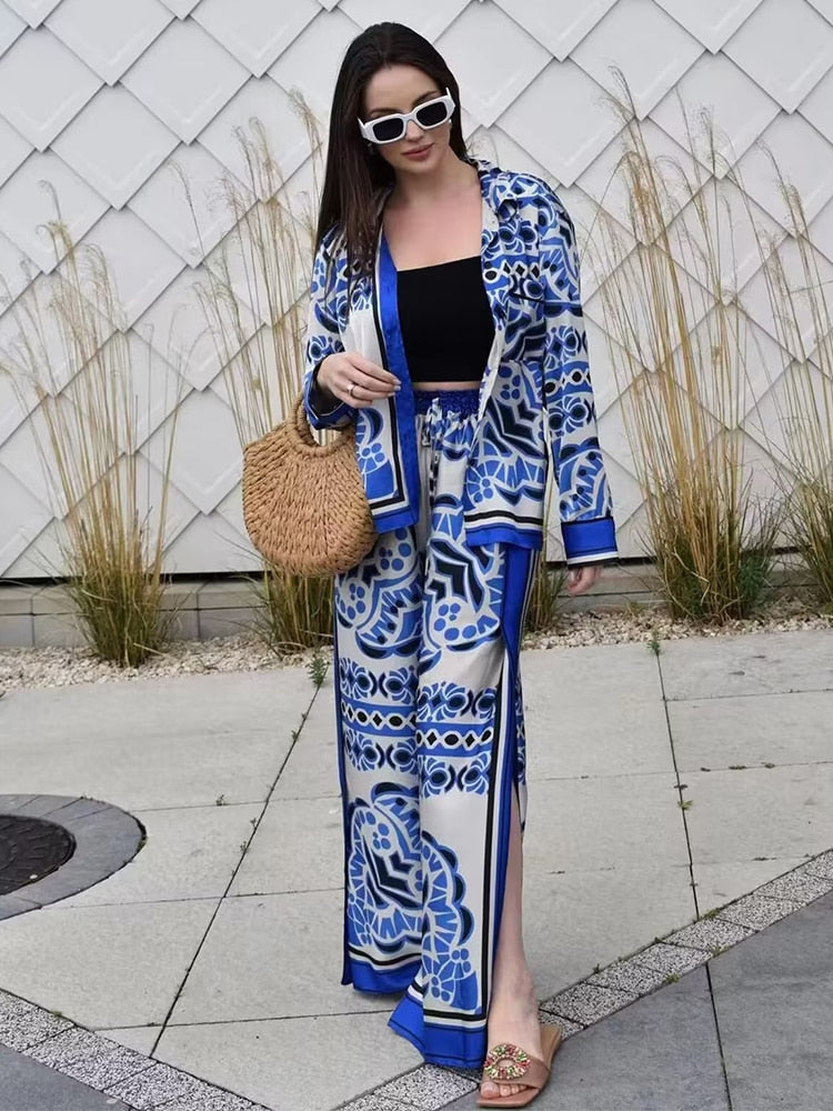 Woman Shirts Pants Sets 2024 New Summer Geometric Print Loose Long sleeved Shirts Fashion Elastic Waist Wide Leg Pants Outfits