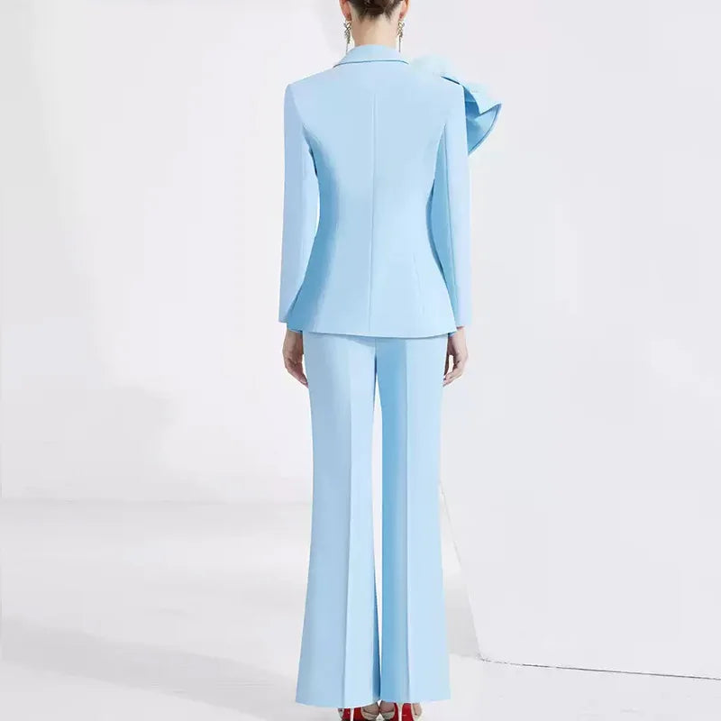 Solid Slimming Spliced AppliqueTwo Piece Set for Women Lapel Long Sleeves Patchwork Fold Top Pants Sets Female New