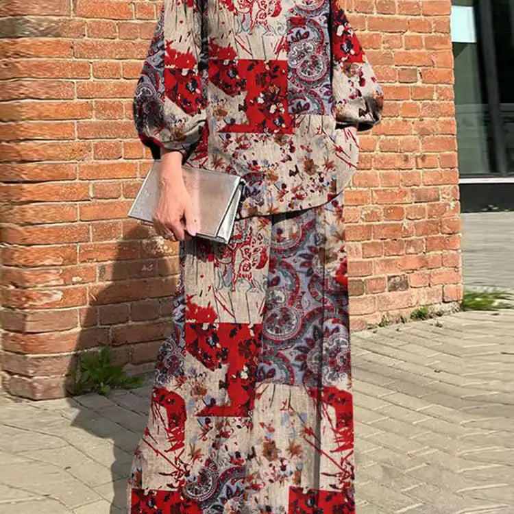 Plus Size ZANZEA Bohemian Matching Sets Casual Printed 2pcs Suits 2023 Women 3/4 Sleeve Tops Tracksuit Autumn Wide Leg Pant Sets Red