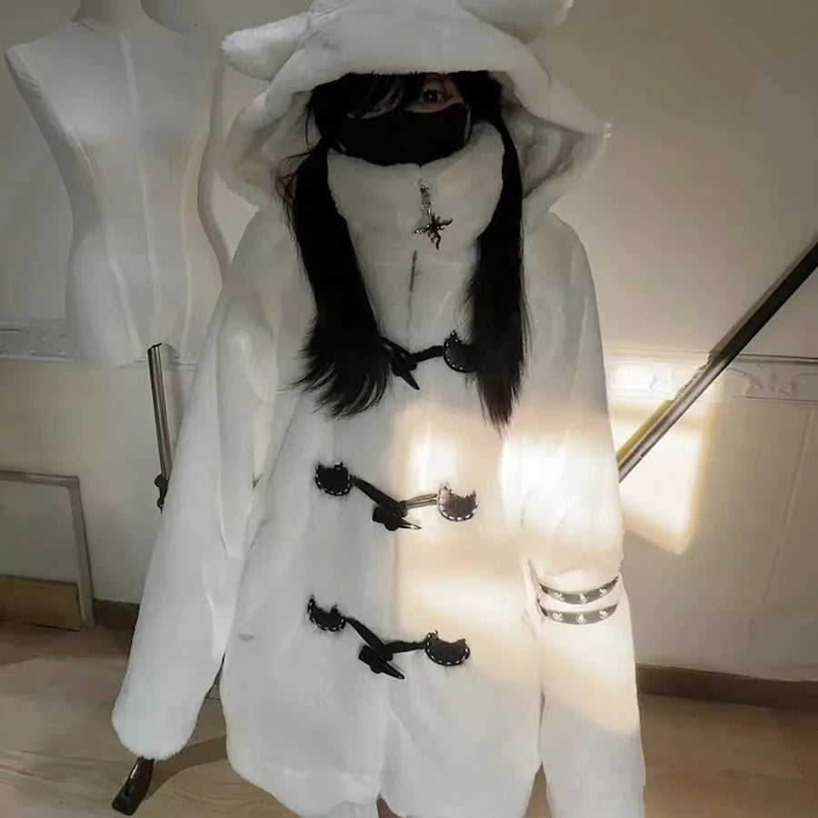 Lautaro Autumn Winter Oversized Soft Thick Warm White Faux Fur Hoodie Women with Bear Ears Horn Buttons Punk Style Fluffy Jacket White One Size