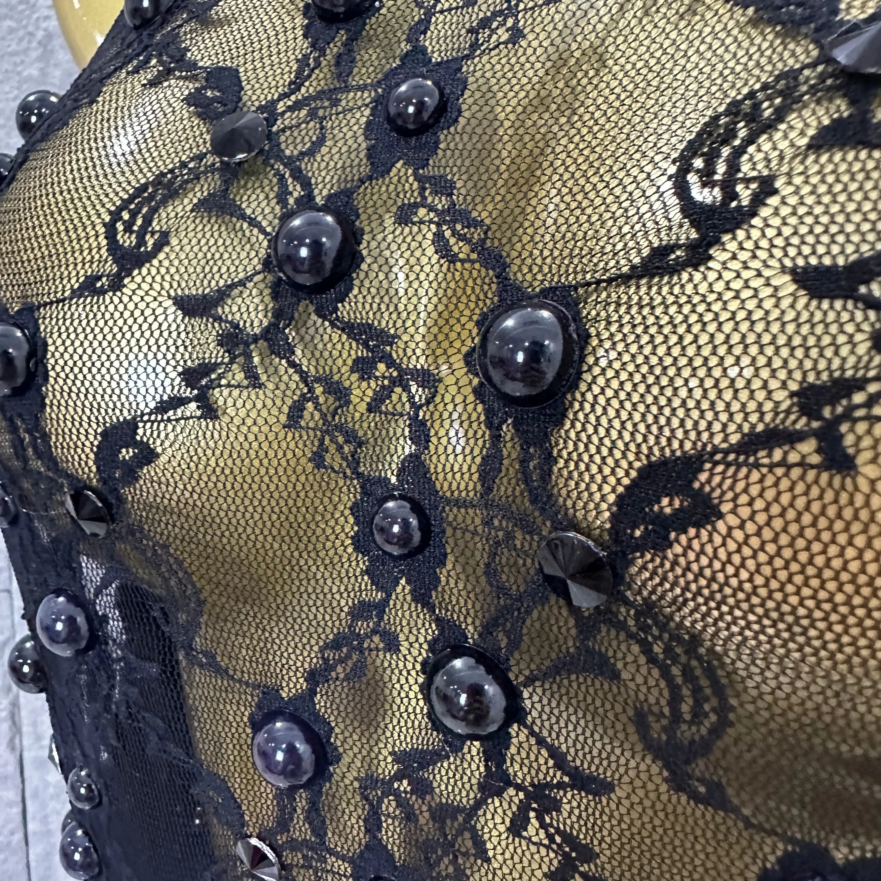 Black Opulent Halter Neck Maxi Sheer Mesh Beaded Lace Dress Form-Fitting Outfit Nightclub Party Evening Gala Costume