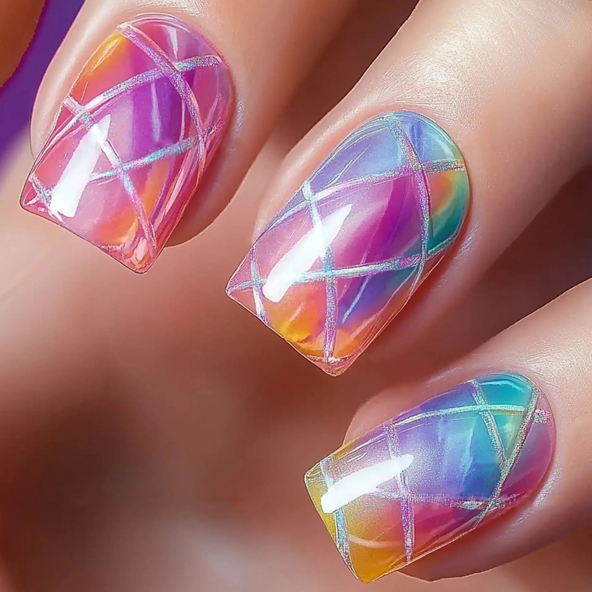 24pcs/set Medium long fake nails for women girls Y2K gradient purple blue yellow green square almond tips press on false nails 2645