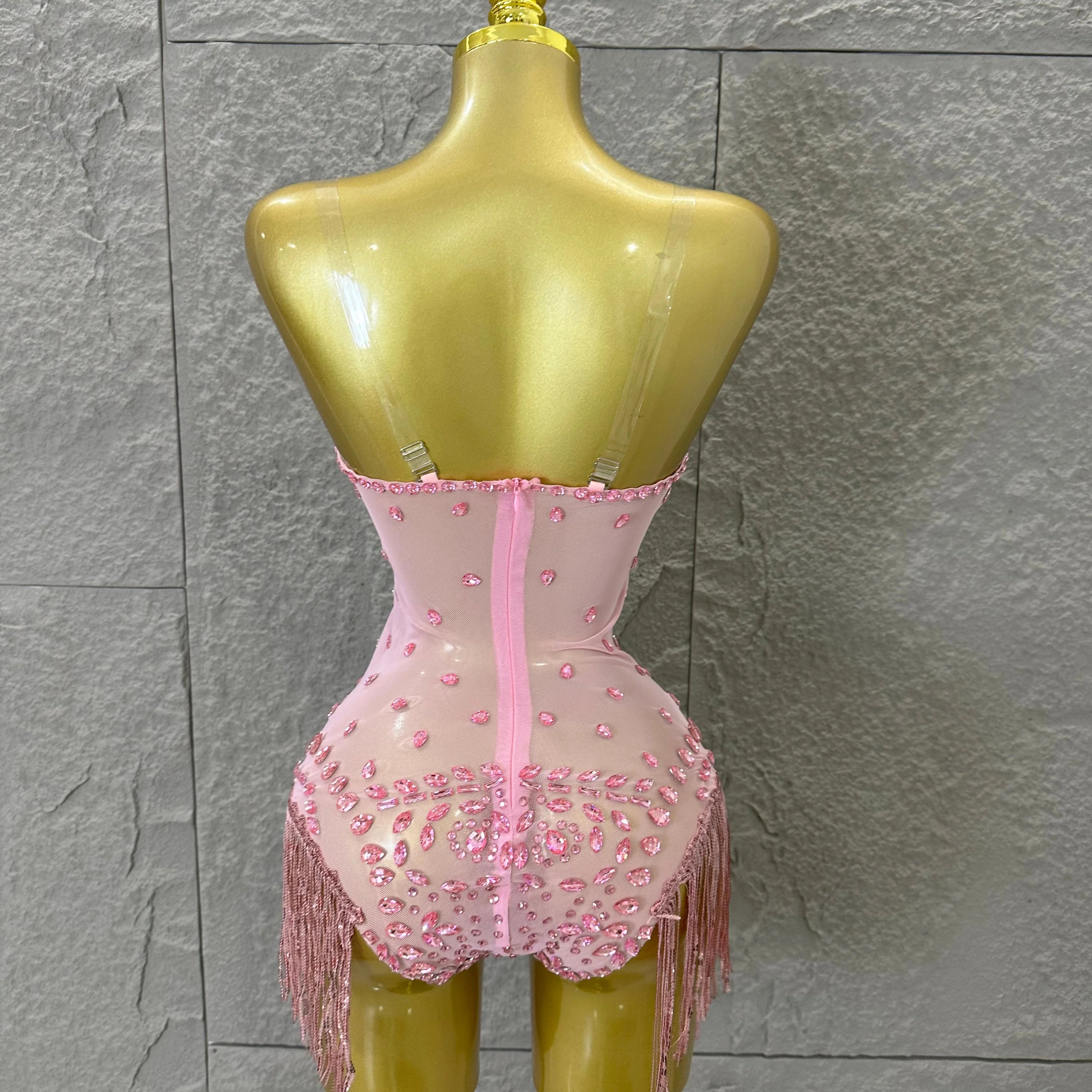 Pink Spaghetti Strap Bodysuit Women Sexy Deep V Neck Sheer Mesh Crystal Embellished Fringe Form-Fitting Formal Event Outfit