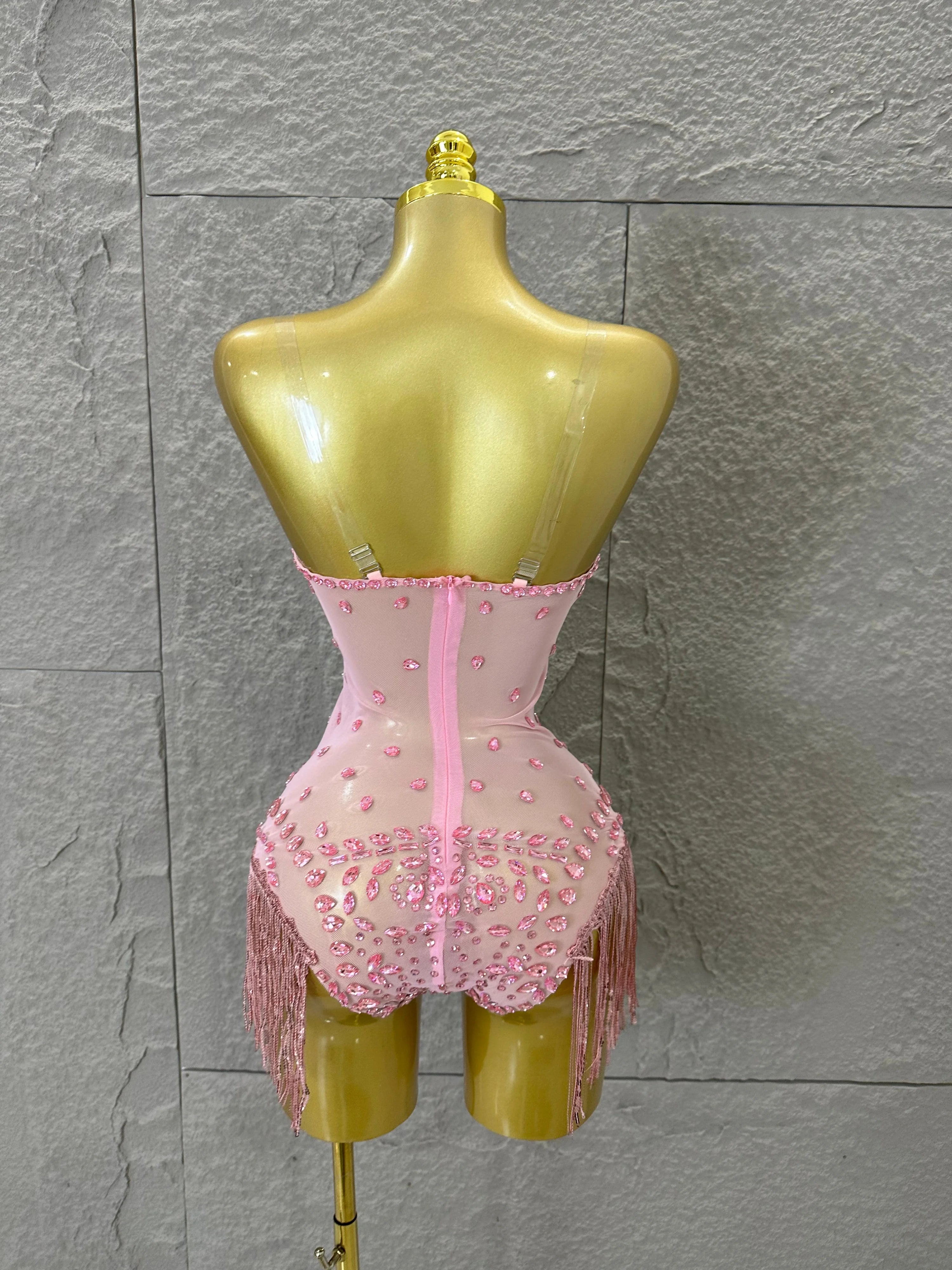 Pink Spaghetti Strap Bodysuit Women Sexy Deep V Neck Sheer Mesh Crystal Embellished Fringe Form-Fitting Formal Event Outfit