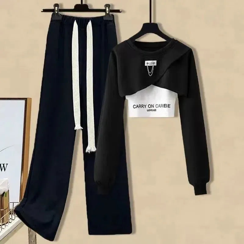 Women's Causal Clothing Korean Fashion Short Sweatshirt Vest Wide Leg Pants 3 Piece Set 2024 Spring Autumn Sports Outfits Female Black Set