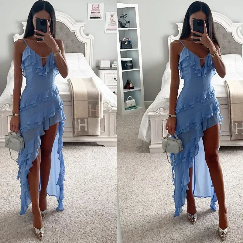 Holiday Maxi Midi Ruffles Beach Dress New Fashion Solid Color A-line Midi Dress Summer Sexy Strap Irregular Dress