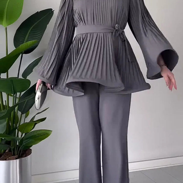 Loose Pleated Top Pants Women Belt Suit Elegant O-neck Long Batwing Sleeve Big Swing Top Wide Leg Pant 2 Piece Sets Outfit