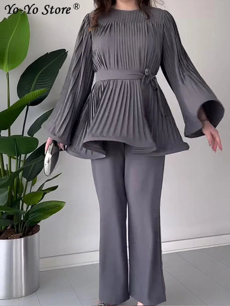 Loose Pleated Top Pants Women Belt Suit Elegant O-neck Long Batwing Sleeve Big Swing Top Wide Leg Pant 2 Piece Sets Outfit