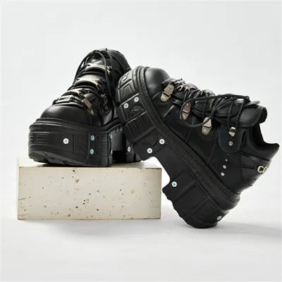 2025 Fashion Women Ankle Boots Woman's Thin Heels Round Toe Lace-Up Metal Decoration Sneakers Ladies Rivet Punk Gothic Rock Shoe black 1