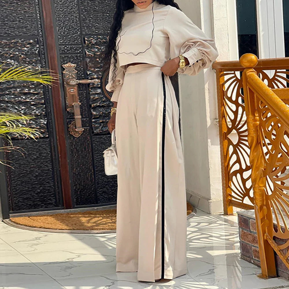 Autumn New Women Large Size Loose And Elegant Half High Collar Fashionable Long Sleeved Tops Wide Leg Pants Casual Two Piece Set