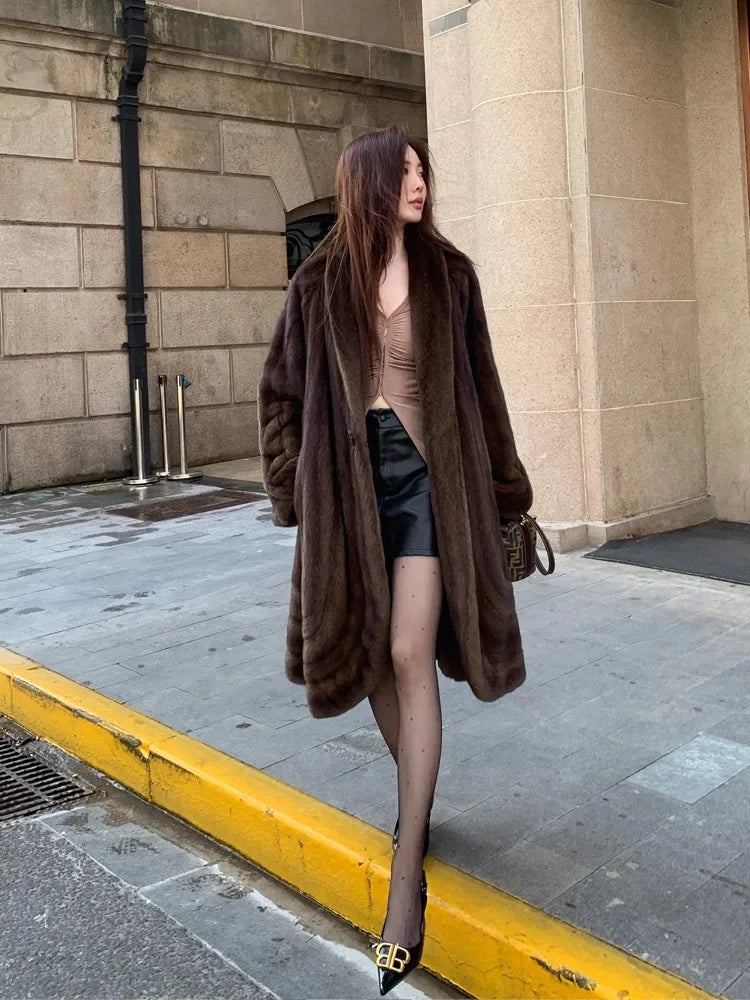 Lautaro Winter Long Luxury Elegant Stylish Thick Warm Fluffy Soft Brown Faux Mink Fur Coat Women Shawl Collar Furry Overcoat