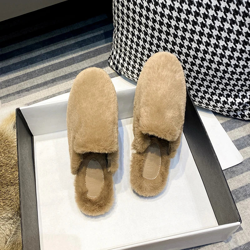 women's plush flat slippers Winter Home and Outdoor Shoes Fashionable fur warm design work and office mules Large size 41-44 Khaki