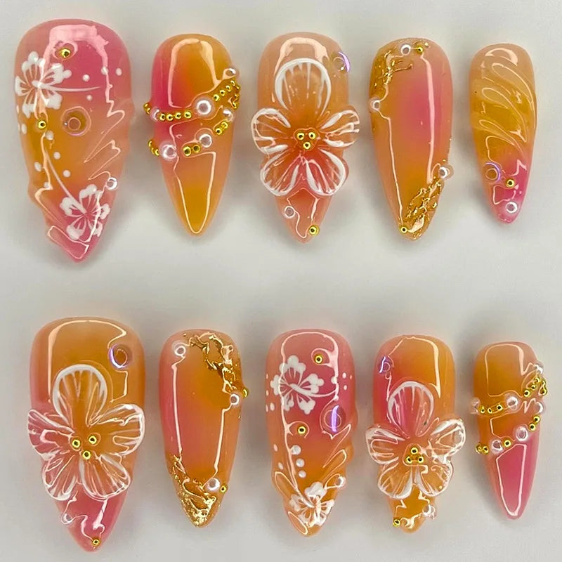24Pcs 3D Green Ripple Design False Nails Cat's Eye French Almond Fake Nail Tips Leaves Pattern Removable Oval Press on Nails 971