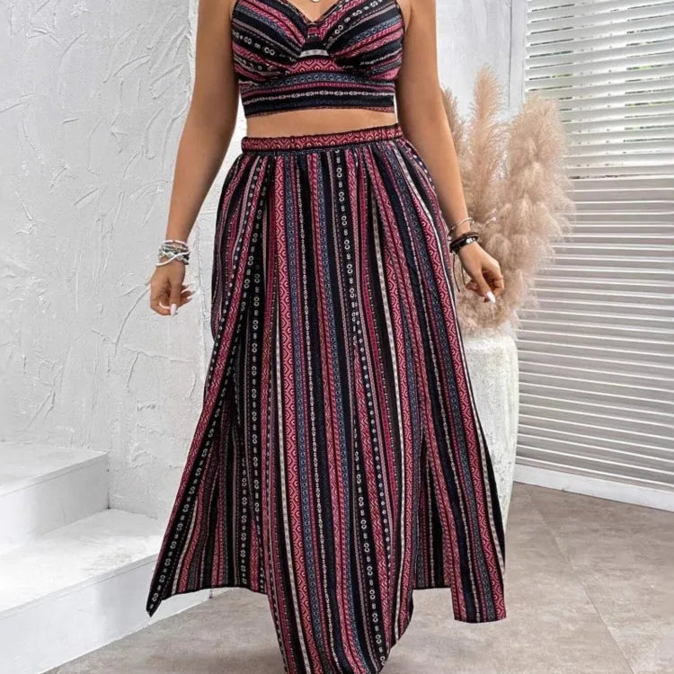 Plus Size Summer Striped Print 2 Two Piece Set Women Sexy Slim Ladies Cropped Sleeveless Slip Tops Split Loose Modis Woman Skirt