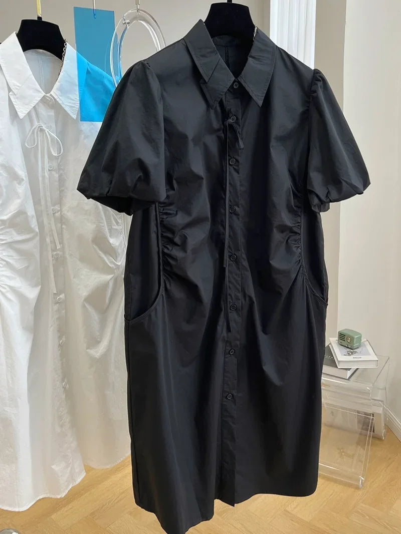 Loose Drawstring White Lantern Short Sleeve Shirt Dress Vestidos Elegantes Para Mujer Maxi Single Breasted Women es